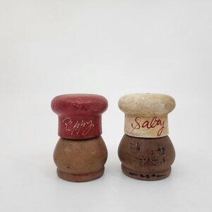 Vintage Peppy and Salty Chef Wooden Salt & Pepper Shakers Set Red White Brown
